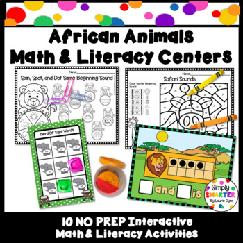 Preview of EASY PREP African Animals Math and Literacy Center Activities