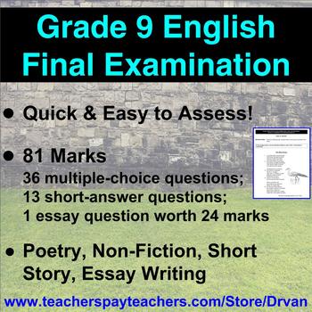 Preview of EASY TO MARK - Grade 9 English Final Exam: Multiple Choice, Short Answer, Essay