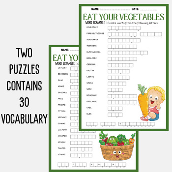 EAT YOUR VEGETABLES THEMED word scramble puzzle worksheet activity