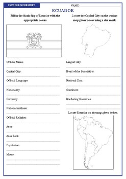 Preview of ECUADOR Fact File Worksheet - Research Sheet