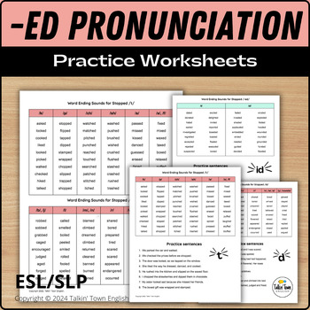 Preview of ED Pronunciation Practice Worksheets for ED Ending Sounds List for ESL ELL SLP