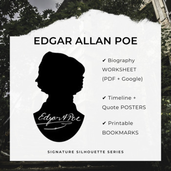 Preview of EDGAR ALLAN POE Biography Worksheet, Posters, Bookmarks, Clip Art (Google + PDF)