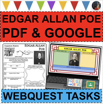 Preview of EDGAR ALLAN POE Poet WebQuest Research Project Poetry Biography (PDF & DIGITAL)