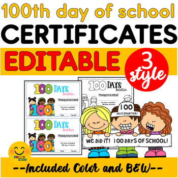 EDITABLE 100th Day of School Certificate - Award by FUNNY KIDS | TPT