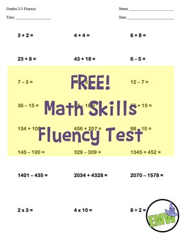 Preview of FREE!  2nd & 3rd Grade One Page Math Skills Fluency Test