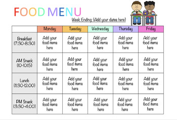 EDITABLE 5 WEEK DAYCARE MENU- BREAKFAST, LUNCH & 2 SNACKS/DINNER