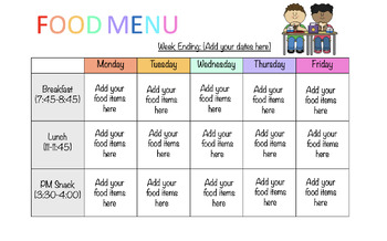 Preview of EDITABLE 5 WEEK MENUS- BREAKFAST, LUNCH AND SNACK