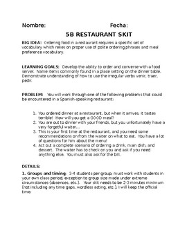 Preview of EDITABLE! 5B Restaurant Skit Realidades Food Dialogue Project 5 Sub Spanish
