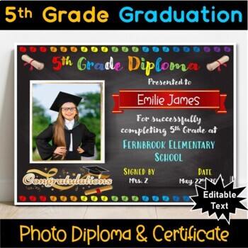 Preview of EDITABLE 5th Grade Certificate/Diploma, Chalkboard - Graduation, Promotion