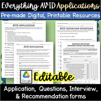 Preview of EDITABLE AVID Application, Interview, Teacher Recommendation Forms print Digital