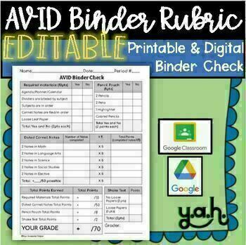 Preview of EDITABLE AVID Binder Check off Grade Sheet Notebook Rubric Printable template