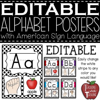 Preview of EDITABLE Alphabet Posters with American Sign Language {Black Polka Dot}