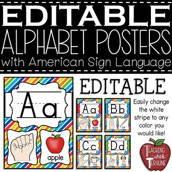 Preview of EDITABLE Alphabet Posters with American Sign Language {Primary Colors}