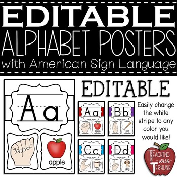 Preview of EDITABLE Alphabet Posters with American Sign Language {Solid White Background}