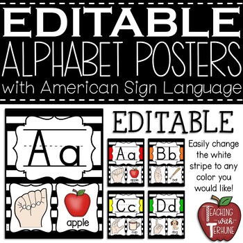 Preview of EDITABLE Alphabet Posters with American Sign Language {Striped}