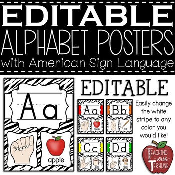 Preview of EDITABLE Alphabet Posters with American Sign Language {Zebra}