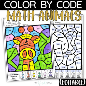 Preview of EDITABLE Animal Math Color by Code Coloring Pages
