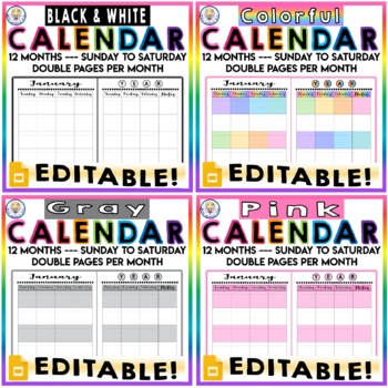 EDITABLE BUNDLE - GOOGLE SLIDES Monthly Calendars - Sunday to Saturday ...