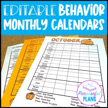 Preview of EDITABLE Monthly Behavior Calendar Chart Templates for Classroom Management