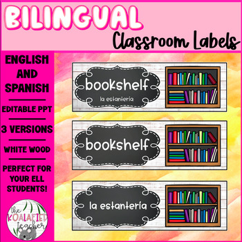 Preview of EDITABLE Bilingual Classroom Labels * Eng. & Spanish * ELL * White Wood