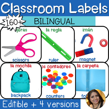 Preview of EDITABLE Bilingual Dual Classroom labels - English-Spanish - Photos - BUNDLE