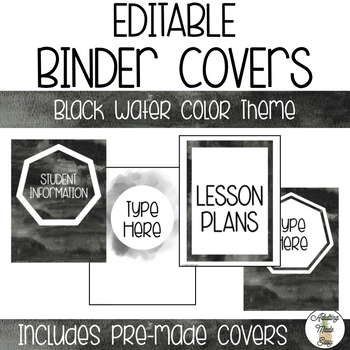 Preview of EDITABLE Binder Covers - Black Watercolor Theme