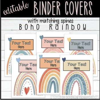 Preview of EDITABLE Binder Covers & Spine | BOHO Rainbow Theme