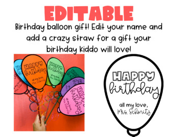 Birthday Balloon Straw Topper | Editable | Student Birthday Gift