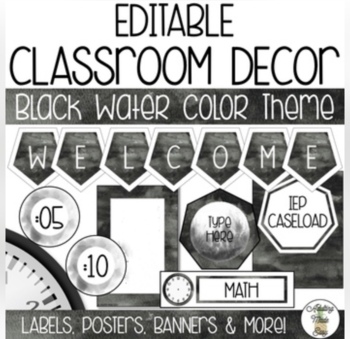 Preview of EDITABLE Black Watercolor Classroom Theme BUNDLE