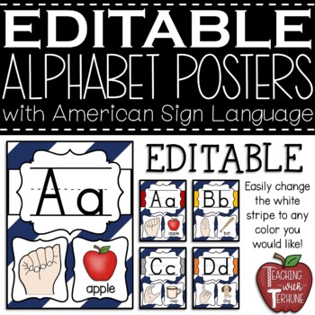 Preview of EDITABLE Blue and White Striped Alphabet Posters with American Sign Language