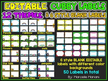 Preview of EDITABLE CUBBY LABELS- CUBBY TAGS, 12 THEMES AND 50 BLANK LABELS