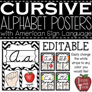 Preview of EDITABLE CURSIVE Alphabet Posters with American Sign Language {Chevron}