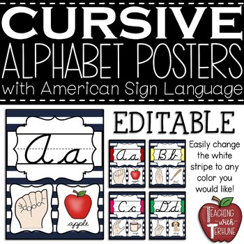 Preview of EDITABLE CURSIVE Alphabet Posters with American Sign Language {Navy Striped}