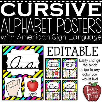 Preview of EDITABLE CURSIVE Alphabet Posters with American Sign Language {Neon}