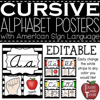 Preview of EDITABLE CURSIVE Alphabet Posters with American Sign Language {Striped}