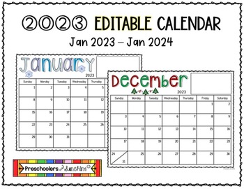 Preview of EDITABLE Calendar (January 2023 - January 2024)