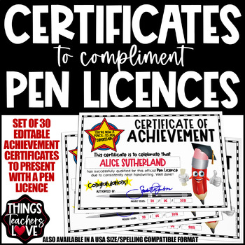 Preview of EDITABLE Certificate of Achievement for Pen Licences, Set of 30 (AUS/NZ/UK)