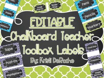 Preview of EDITABLE Chalkboard Teacher Toolbox Labels- Blue, Green, and Purple