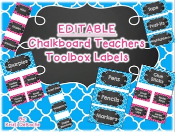 Preview of EDITABLE Chalkboard Teacher Toolbox Labels- Blue & Pink