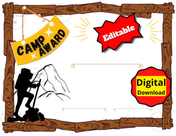 Preview of EDITABLE!  Champion Camp Award Themed Summer Camp Certificate