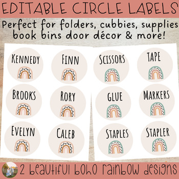 Preview of EDITABLE Circle Boho Rainbow Labels for Supplies, Door Décor, Cubbies, Book Bins