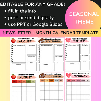 Preview of EDITABLE Class Newsletter & Calendar Template - Seasonal (Print or Digital)