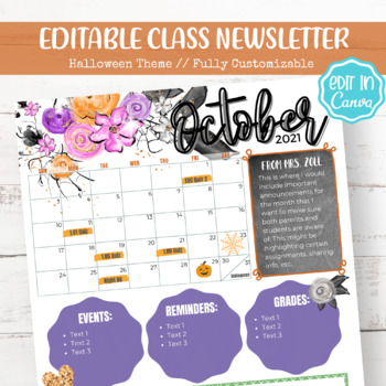 Preview of EDITABLE Class Newsletter Template October 2021 | Halloween Newsletter