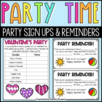 Preview of EDITABLE Class Party Sign Up Sheets & Reminders