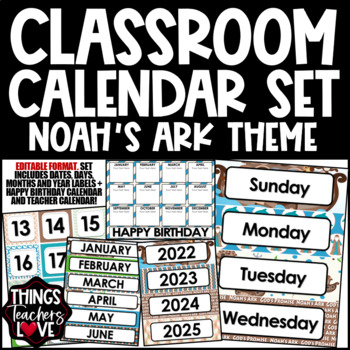 Preview of EDITABLE Classroom Calendar Set - NOAH'S ARK CHRISTIAN CLASSROOM DECOR
