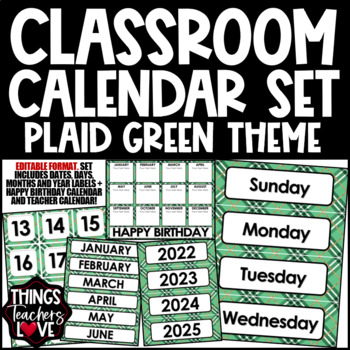 Preview of EDITABLE Classroom Calendar Set - ST PATRICK'S DAY PLAID GREEN CLASSROOM DECOR