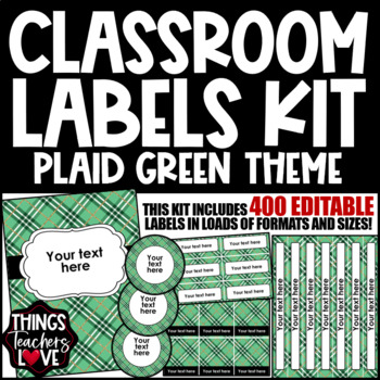 Preview of EDITABLE Classroom Labels Set x400 -ST PATRICK'S DAY PLAID GREEN CLASSROOM DECOR