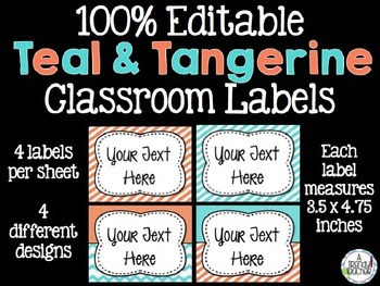 Preview of EDITABLE Classroom Labels [Teal & Tangerine]