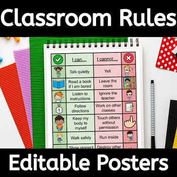 Preview of EDITABLE Classroom Rules Posters with Visuals for Autism and Expectations Decor
