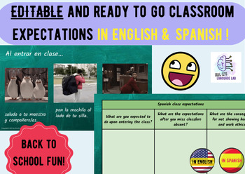 Preview of EDITABLE Classroom expectations / Expectativas de clase FUN - English & Spanish!